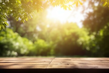 Naklejka na ściany i meble Lovely vacant wooden table in the outdoors with stunning bokeh and sunlight. Ideal nature theme. Generative AI