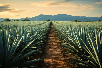 Field of agave for distilling mezcal and tequila. Generative AI - obrazy, fototapety, plakaty