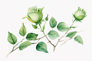 Artistic watercolor of green rose leaves, complete with thorns. The image is in transparent png format. Generative AI
