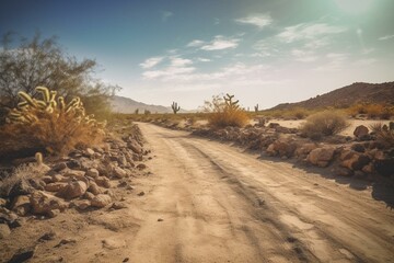 Fototapeta na wymiar Hot desert road with rocks, cactus, and sandy terrain. Generative AI