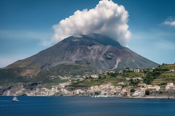 July 2020 view of Volcano Island from Lipari, Sicily. Generative AI