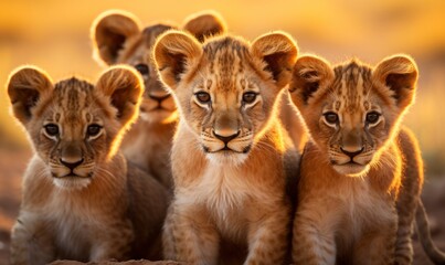 a charming group of four lion cubs sitting closely together. The backdrop is suffused with warm,...