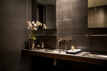 Contemporary bathroom featuring a stylish wash basin and beautifully tiled walls. Generative AI