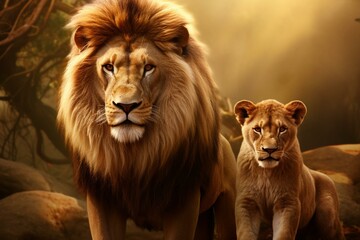 Fototapeta premium Computer-generated picture depicting a family of lions. Generative AI