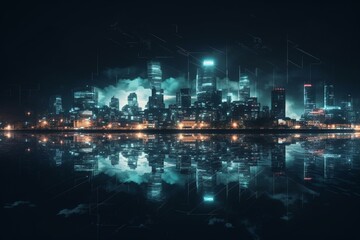 Nighttime urban cityscape with a futuristic touch, surrounded by the ocean. Generative AI