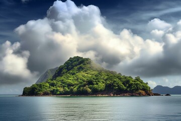 Scenic island amidst cloud-filled dreamland. Generative AI