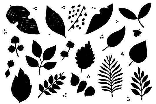 Set of lino cut vector stamp black leaves and branch imprints on white background. Hand drawn floral elements.