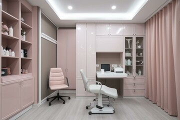 Contemporary beauty clinic with vacant cosmetic cabinet, dermatologist's office, aesthetics salon for skincare treatment. Generative AI