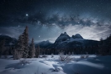 Enchanting winter landscape with majestic mountains under a starry night sky. Generative AI