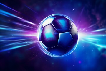 Abstract football ball on blurred background with neon shape, sports symbol graphic. 3D illustration with glitter effect. Generative AI