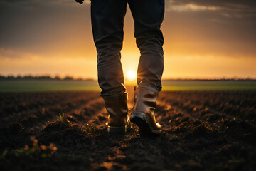 farmer feet walks across a black field. agriculture business concept. silhouette of a farmer feet at sunset walking across a black plowed field. farmer in rubber boots legs lifestyle close-up - obrazy, fototapety, plakaty