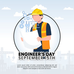 Square Engineer Day background with an engineer and blueprint