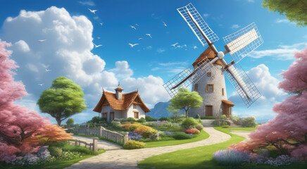 Renewable Energy Amidst Lush Green Landscape and Flowering Plants