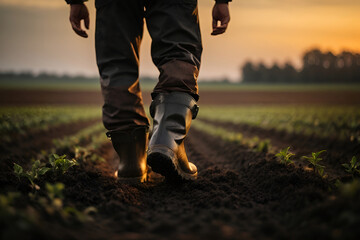 farmer feet walks across a black field. agriculture business concept. silhouette of a farmer feet at sunset walking across a black plowed field. farmer in rubber boots legs lifestyle close-up