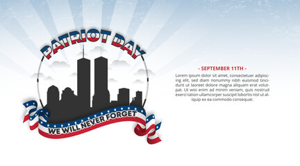 Patriot Day 9 11 background with a waving flag and silhouette buildings