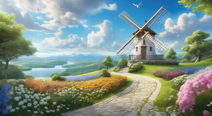 Renewable Energy Amidst Lush Green Landscape and Flowering Plants