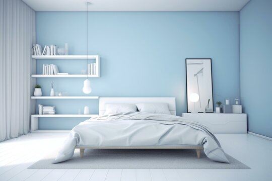 Modern white and blue bedroom, digitally rendered. Generative AI