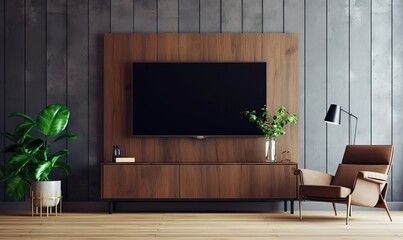 TV on cabinet the wooden wall in living room with armchair, minimal design, Generative AI 