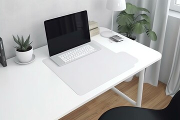 Side view of white desk mat on work table mockup. Generative AI