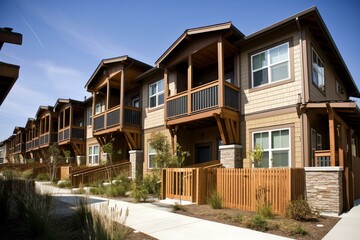 Fototapeta na wymiar Duplex homes with eco-friendly wooden vinyl exteriors in Carlsbad, San Diego, California. Generative AI