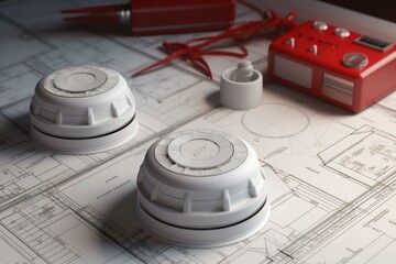 Fire safety system illustrated on a blueprint with a smoke detector. 3D rendered image. Generative AI