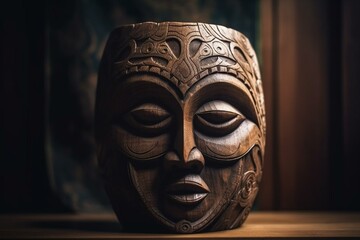 Beautiful wooden mask art with soft light, ideal wallpaper idea. Generative AI