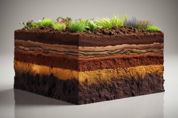 Layers of soil shown in a cross section, isolated on a light background. Generative AI - obrazy, fototapety, plakaty