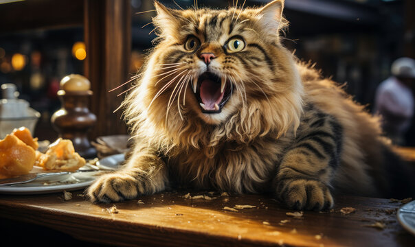 Angry screaming hungry fat cat posing with an empty plate at the restaurant table. demanding food. hangry concept - hungry and angry