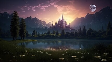 Majestic Citadel: Old Castle Amidst Verdant Meadows and Lakes, Generative AI