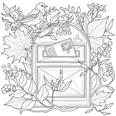 mailbox with autumn leaves and a bird.Coloring book antistress for children and adults. Illustration isolated on white background.Zen-tangle style. 