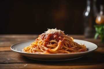 Spaghetti in amatriciana sauce served on a wooden table. Generative AI
