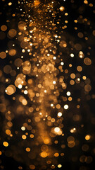 Golden bokeh, raining light, blurry lights, blurry background, gold confettis on a black background, yellow and orange, night lights, city lights, haze, depth of field, round bokeh, circle bokeh