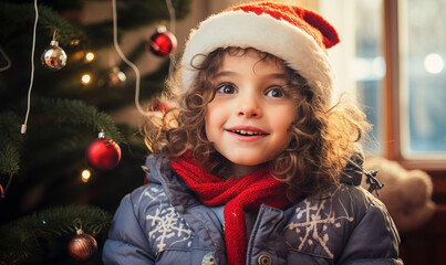 Child in Front of Christmas Tree, Delighted with the Sweet Treat