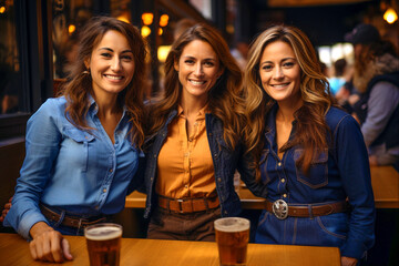 Portrait of three cute smiling young women. Meeting friends in a bar after work or on a day off