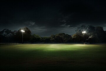 View of cricket field at night with lights on. Generative AI