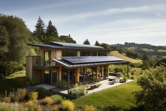 Rural residence featuring eco-friendly solar panels. Generative AI