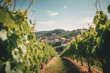 Sunny summer vineyard in hilly Styria, Austria with white wine grapes and nearby winery on wine road. Generative AI - obrazy, fototapety, plakaty