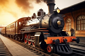 Fototapeta na wymiar Old-fashioned steam train parked at station. Exquisite retro scene. Generative AI