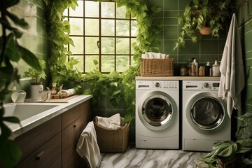 Bathrooms with washing machine, detergent, towels, and greenery. Generative AI