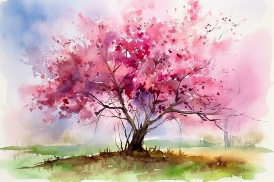 Springtime watercolor painting of blooming sakura tree. Generative AI