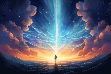 Illustration of a spiritual journey towards the horizon with a cloudy sky, star galaxy glow, symbolizing belief, hope, self-discovery, and a connection with God. Generative AI