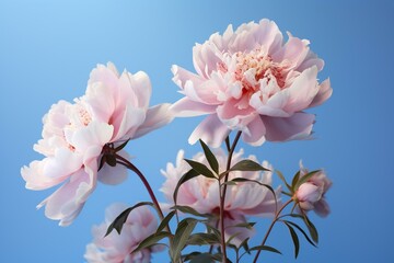 Beautiful, sophisticated peony blooming under sunlight with delicate shadows on a calm blue backdrop. Generative AI