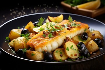 close-up of fried cod loin with roasted potatoes and olives. Generative AI