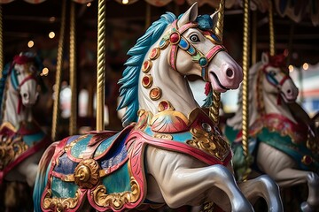 Fototapeta na wymiar A beautifully adorned carousel horse standing amidst other colorful carousel animals. Generative AI