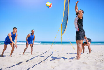 Blue sky beach, volleyball and sports people playing competition, outdoor match or practice for...