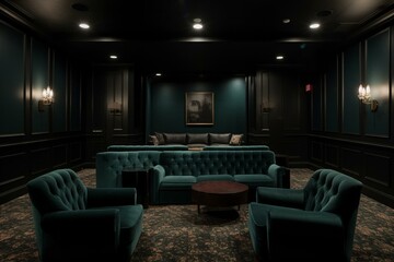 A darkened theater set and seating area. Generative AI