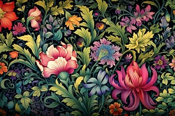 Retro floral design with vibrant flowers and leafy ornament influenced by William Morris. Generative AI