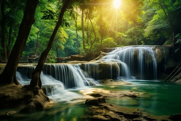 Majestic waterfall in lush rain forest with scenic landscape and vibrant spring background in Saraburi, Thailand. Generative AI