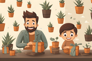 Father's Day celebration, a happy father and son, the father is receiving a gift from his son. Generative AI