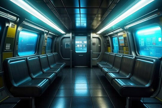 Interior Subway Train Car Future in the style of Cyberpunk